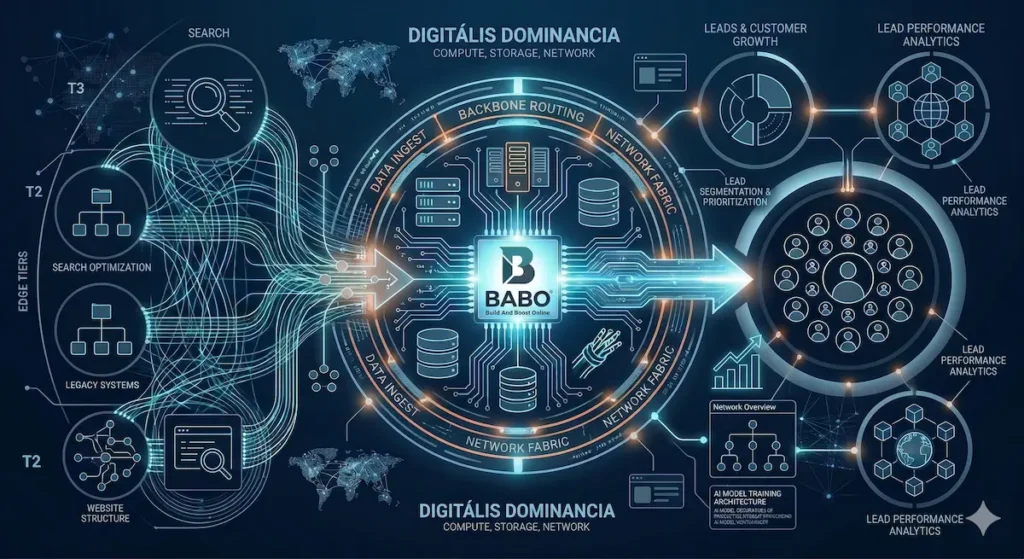 Digitális dominancia rendszer vizualizáció amely a keresési szándékból felépített online infrastruktúrát és az érdeklődők megszerzésének folyamatát mutatja