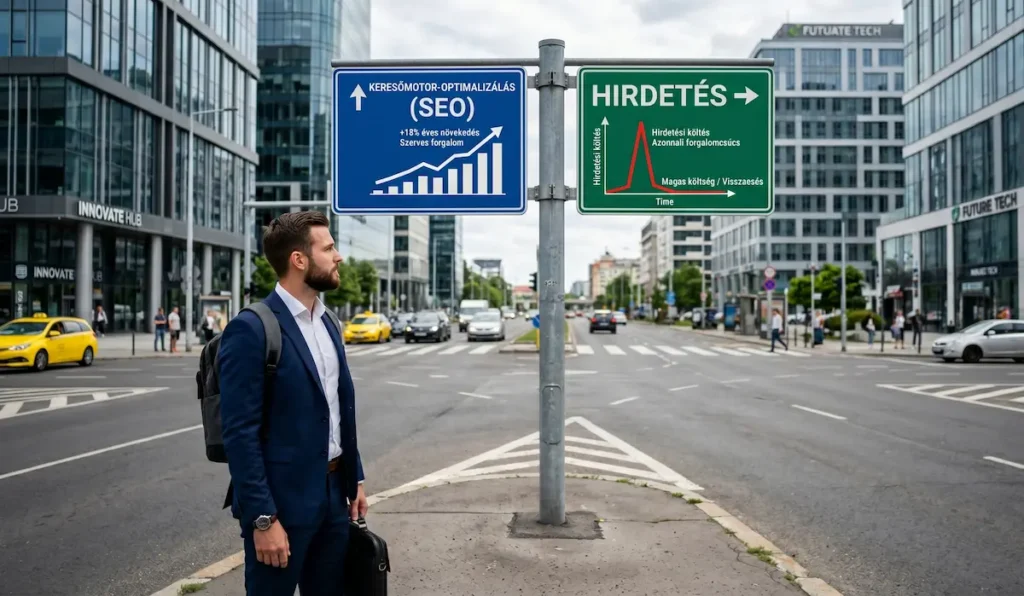 Mi az a SEO? A SEO és a hirdetések közötti különbség vizuális ábrázolása egy stabil növekedési és egy ingadozó grafikonon.