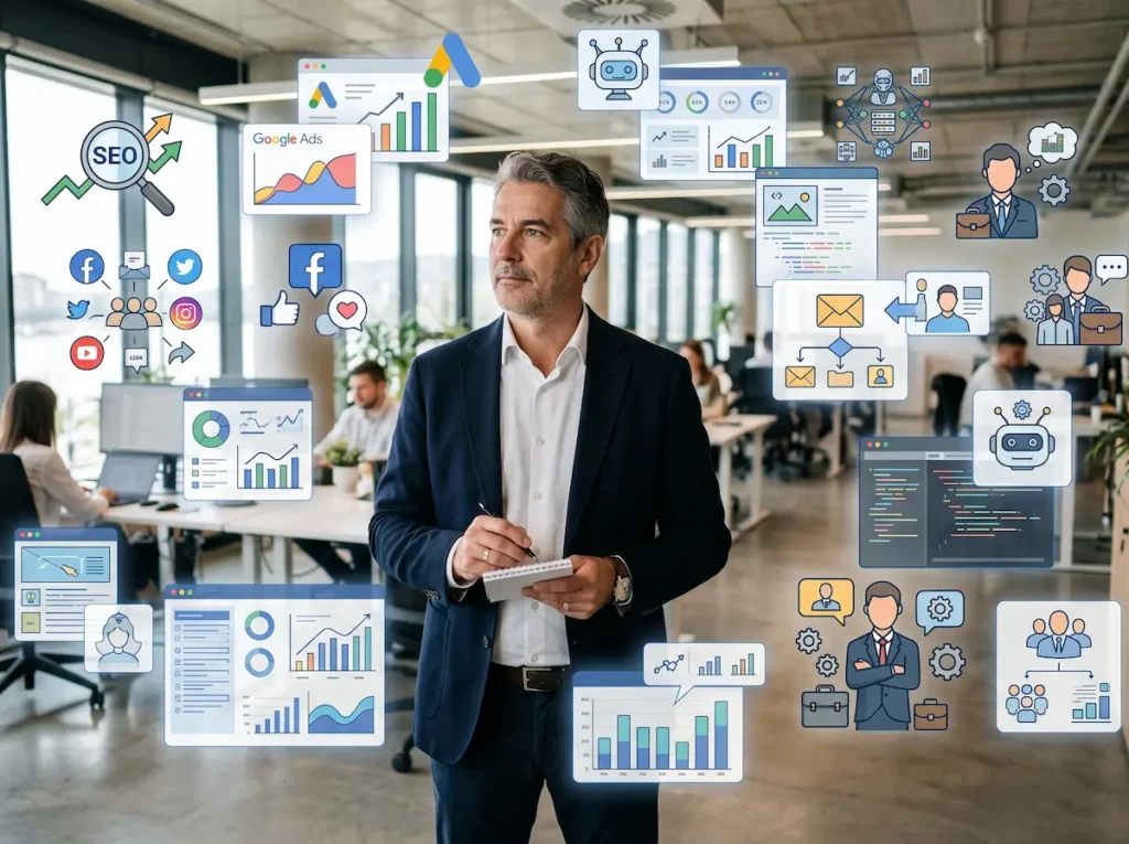 Vállalkozó marketinges ajánlatok között választ, miközben online hirdetések és ügynökségek jelennek meg körülötte.