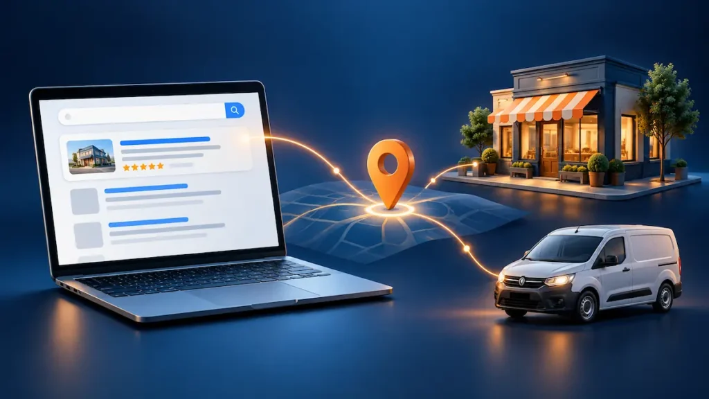 Hogyan találják meg a vállalkozásod a Google-ben? laptopon keresési találatok, térképpin, helyi üzlet és szervizautó.